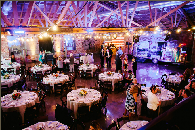 Art Gallery in LA River Studios, elegant round tables for weddings and corporate events.