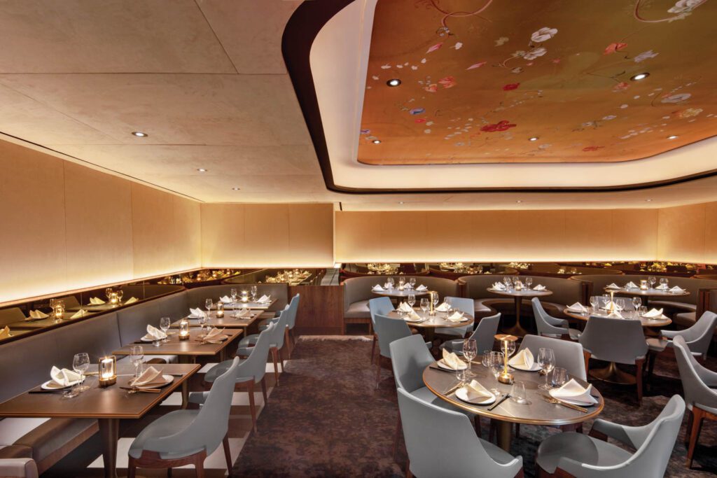 Modern dining room at 53 Restaurant, elegant decor for upscale events and corporate dinners.
