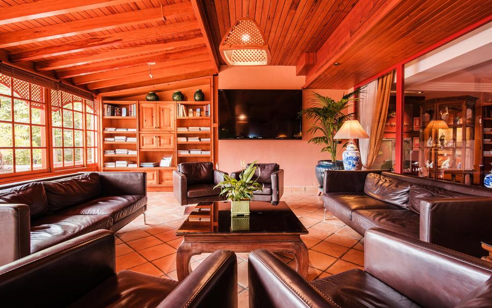 Hotel Botánico lobby with cozy leather seating, ideal for networking events and meetings.