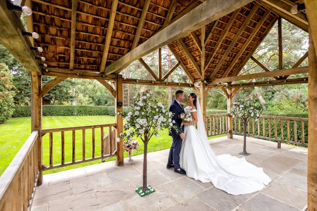 Garden Pavilion at West Lodge Park Hotel, wooden gazebo, outdoor wedding venue.