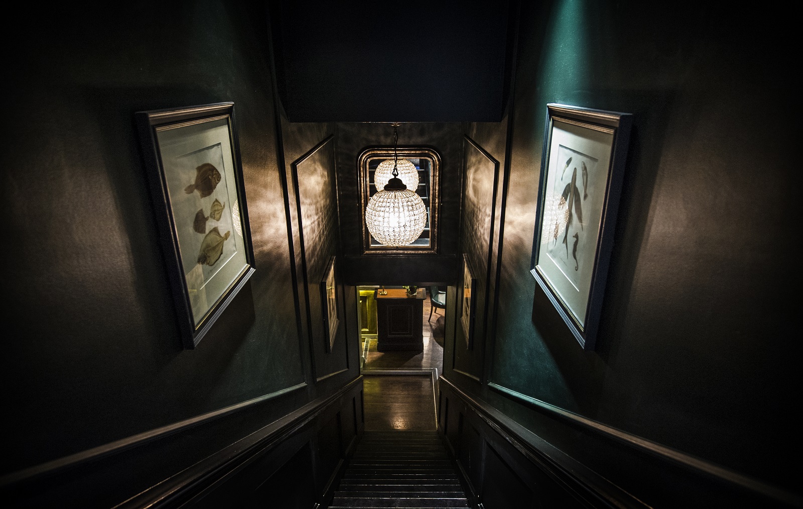 Stylish staircase at Swallow Street Rooms, Bentley's Oyster Bar for upscale events.