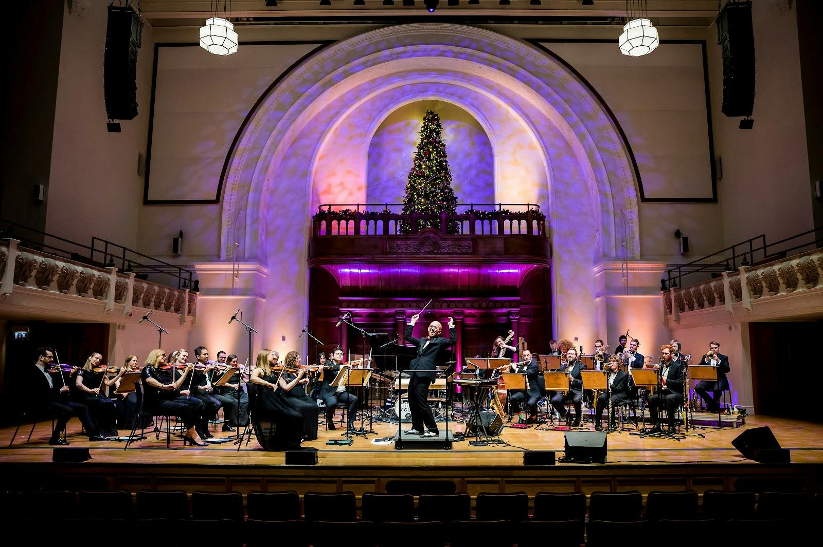 Elegant concert stage with orchestra and Christmas tree for festive events.