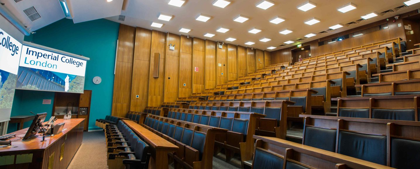 Imperial College Business School Lecture Theatre with tiered seating, perfect for events.