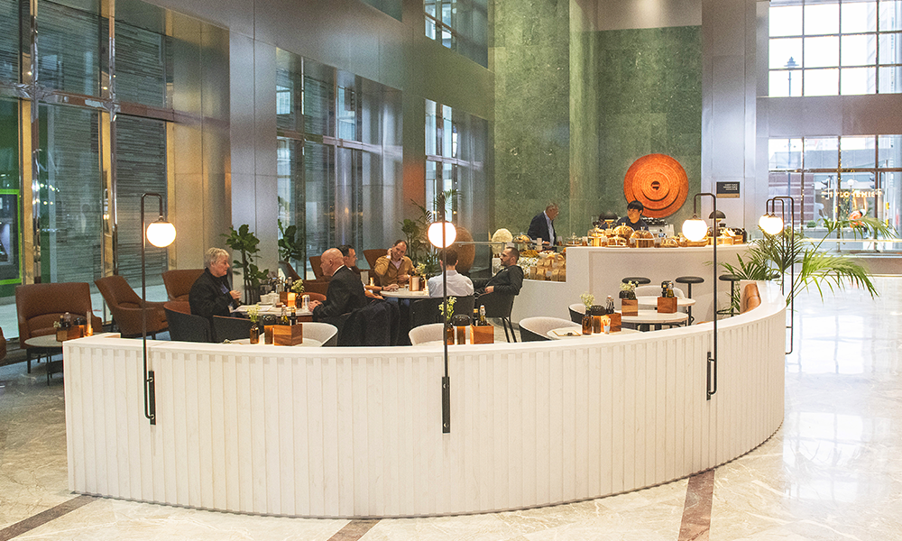 Modern dining area at Supernatural, Canary Wharf, perfect for networking events and meetings.