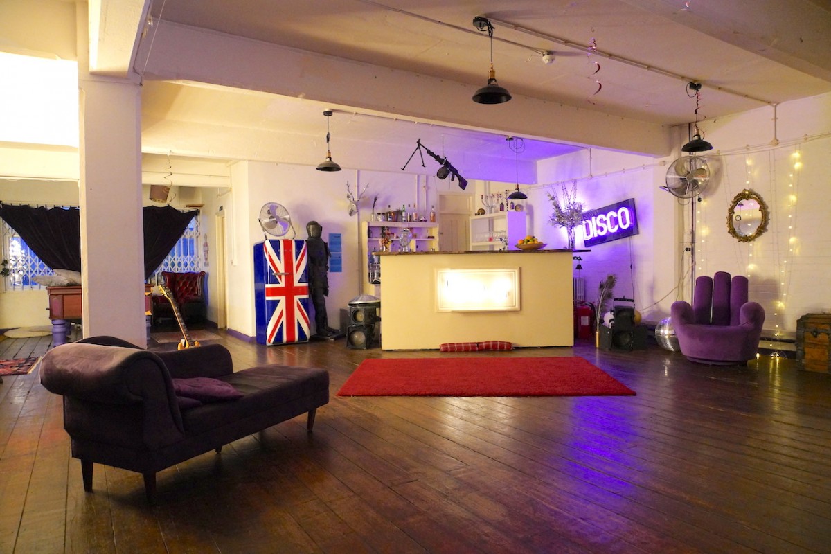Vibrant 4th Floor Studios event space with eclectic decor for parties and gatherings.