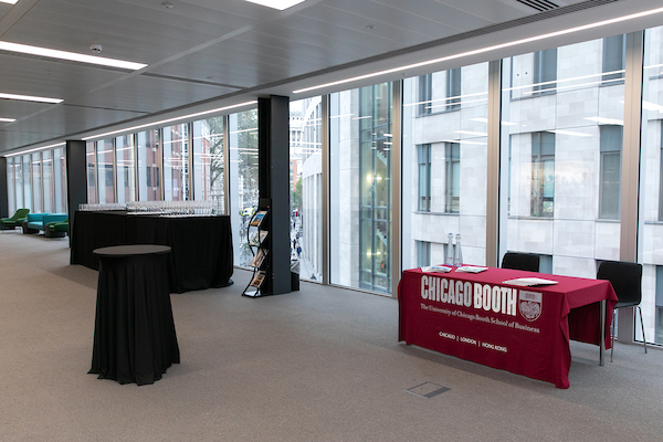 1st Floor Lounge at London Conference Centre with registration booth, ideal for networking events.