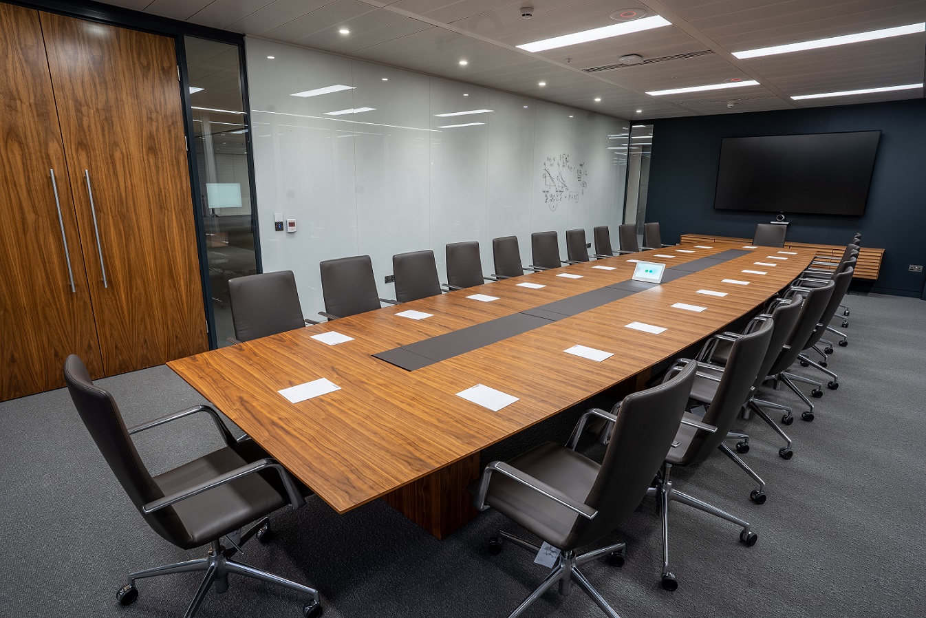Modern boardroom in London Conference Centre, ideal for corporate meetings and presentations.