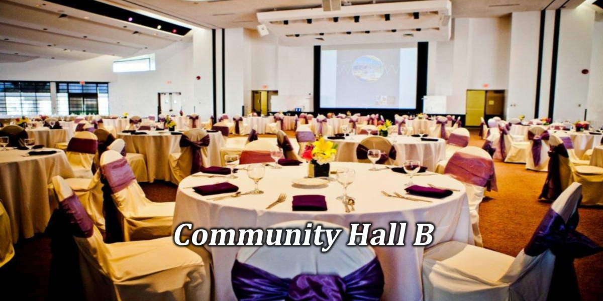 Community Center Carson Event Hall B, elegant tables for formal gatherings and conferences.