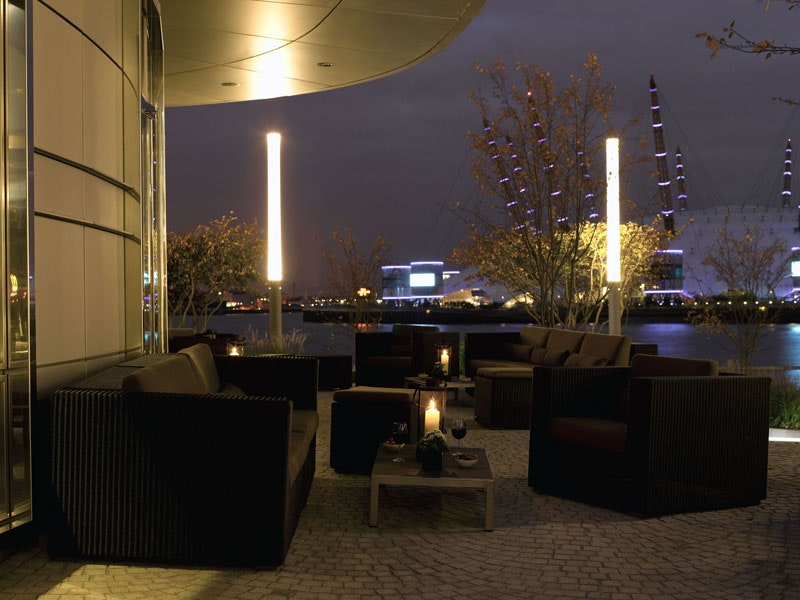 Stylish outdoor lounge at Scoff & Banter, perfect for evening receptions and networking.