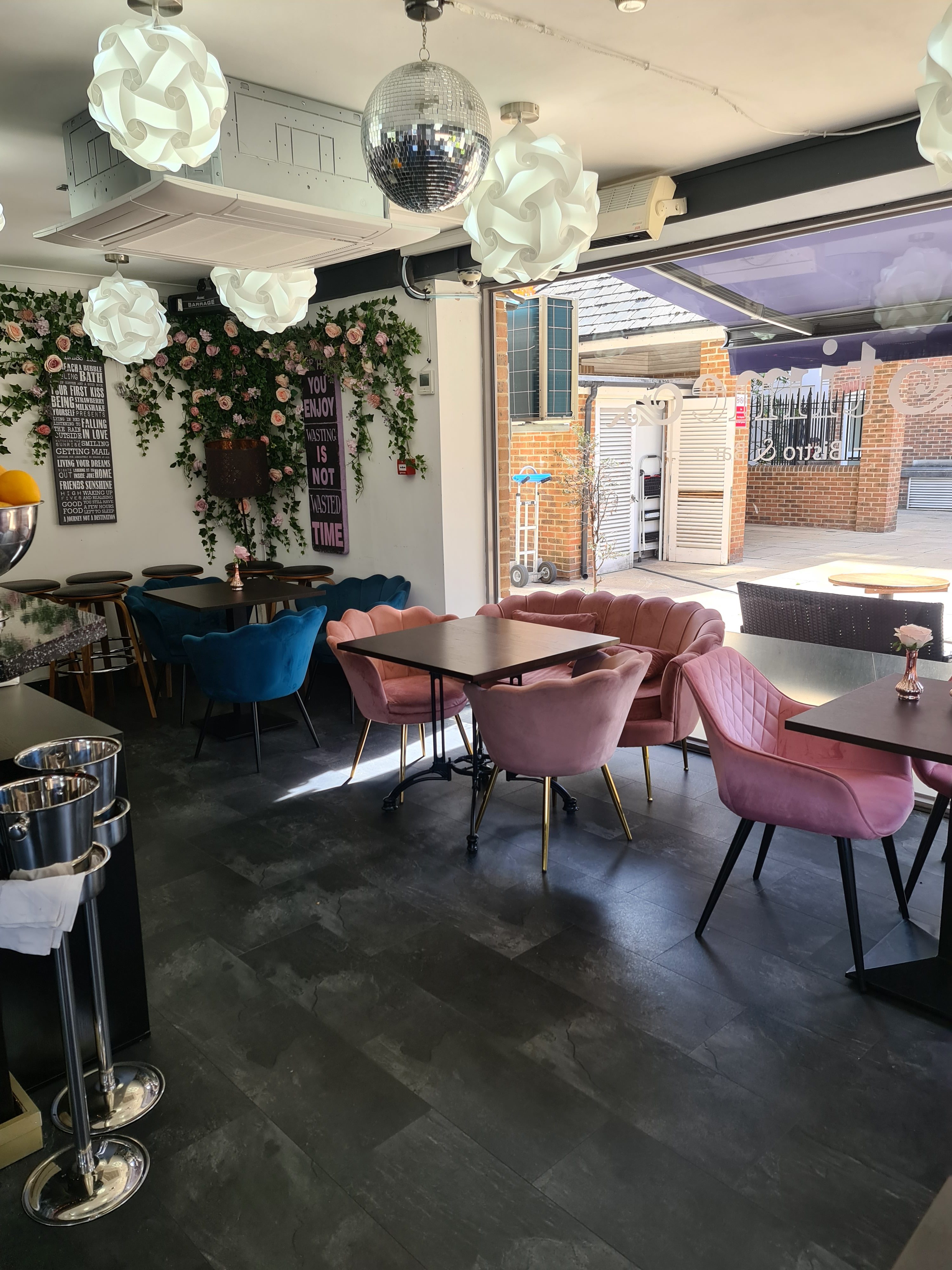 Stylish Aqua Vista Bistro Bar with pastel seating, perfect for networking events.