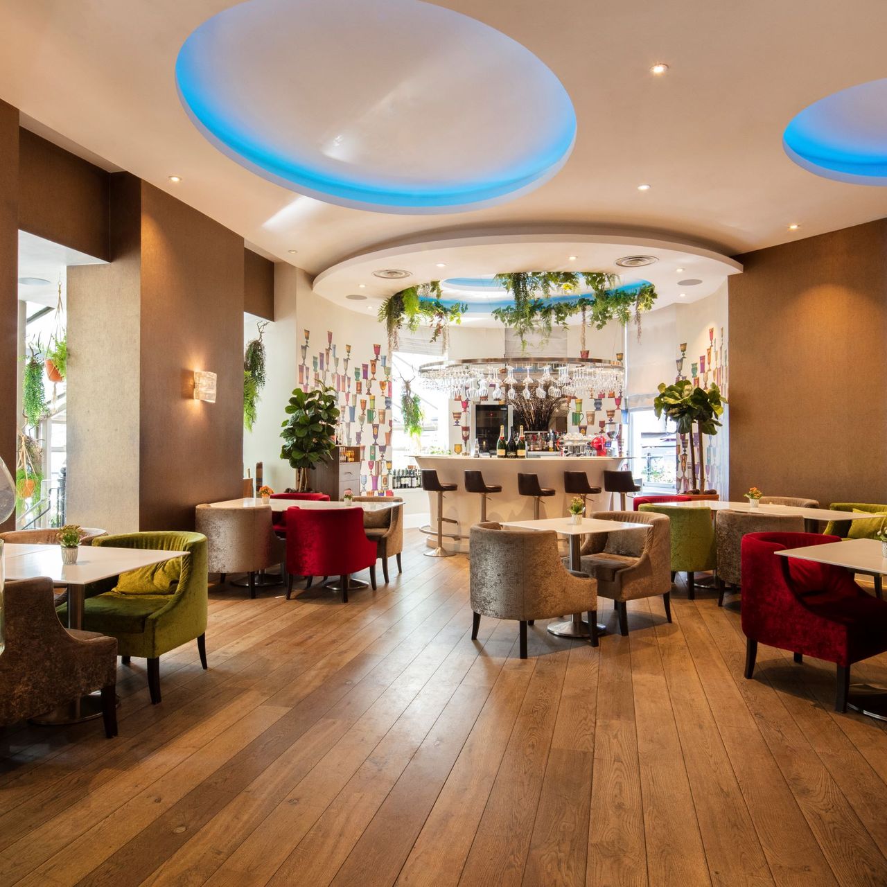 Vibrant event space with colorful seating for intimate gatherings and networking.