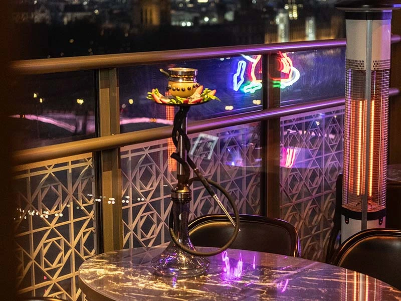Stylish hookah setup at Shisha Terrace, London - trendy venue for social gatherings.