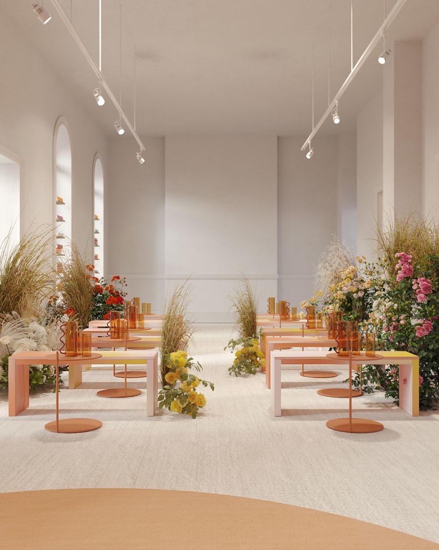 Modern event space with floral decor, ideal for workshops and gatherings.