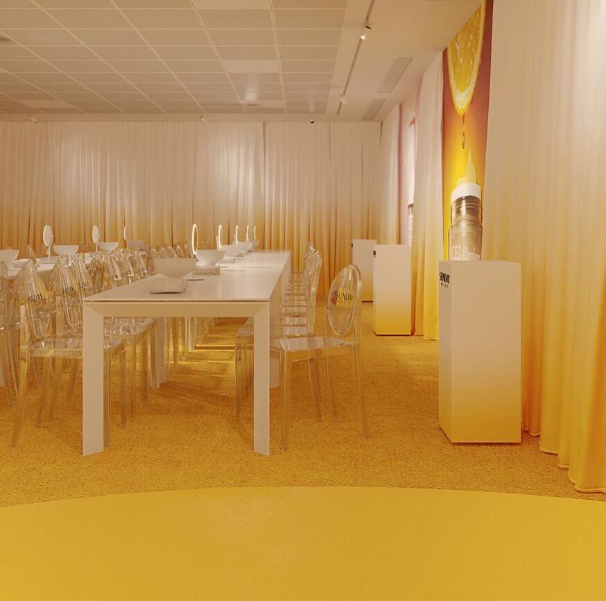 Modern event space with transparent chairs for meetings and collaboration.