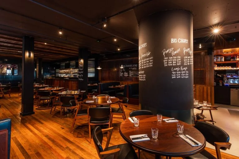 Modern bar at Blacklock Restaurant, warm ambiance, ideal for corporate events and gatherings.