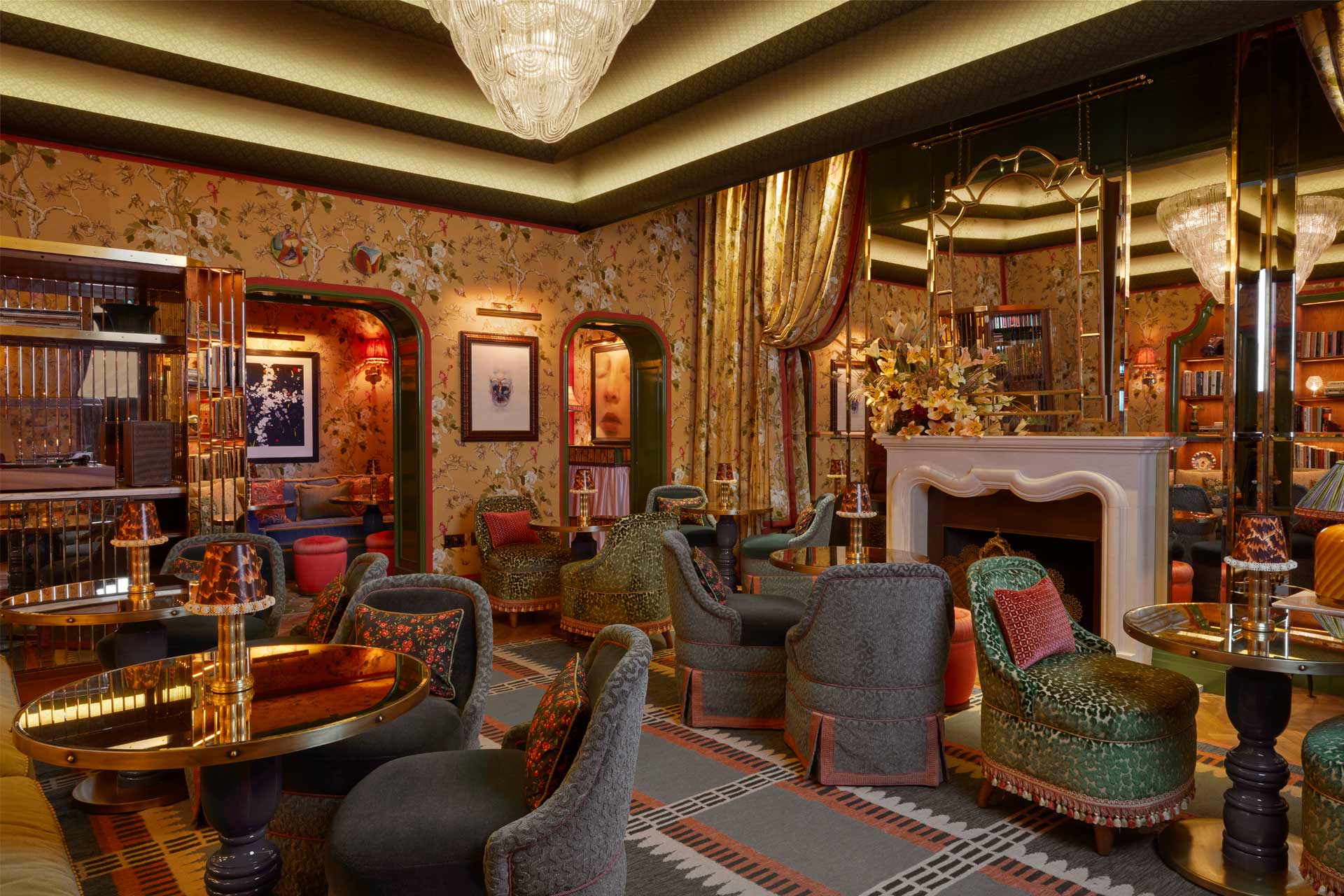Stylish lounge area with floral wallpaper for networking events and meetings.