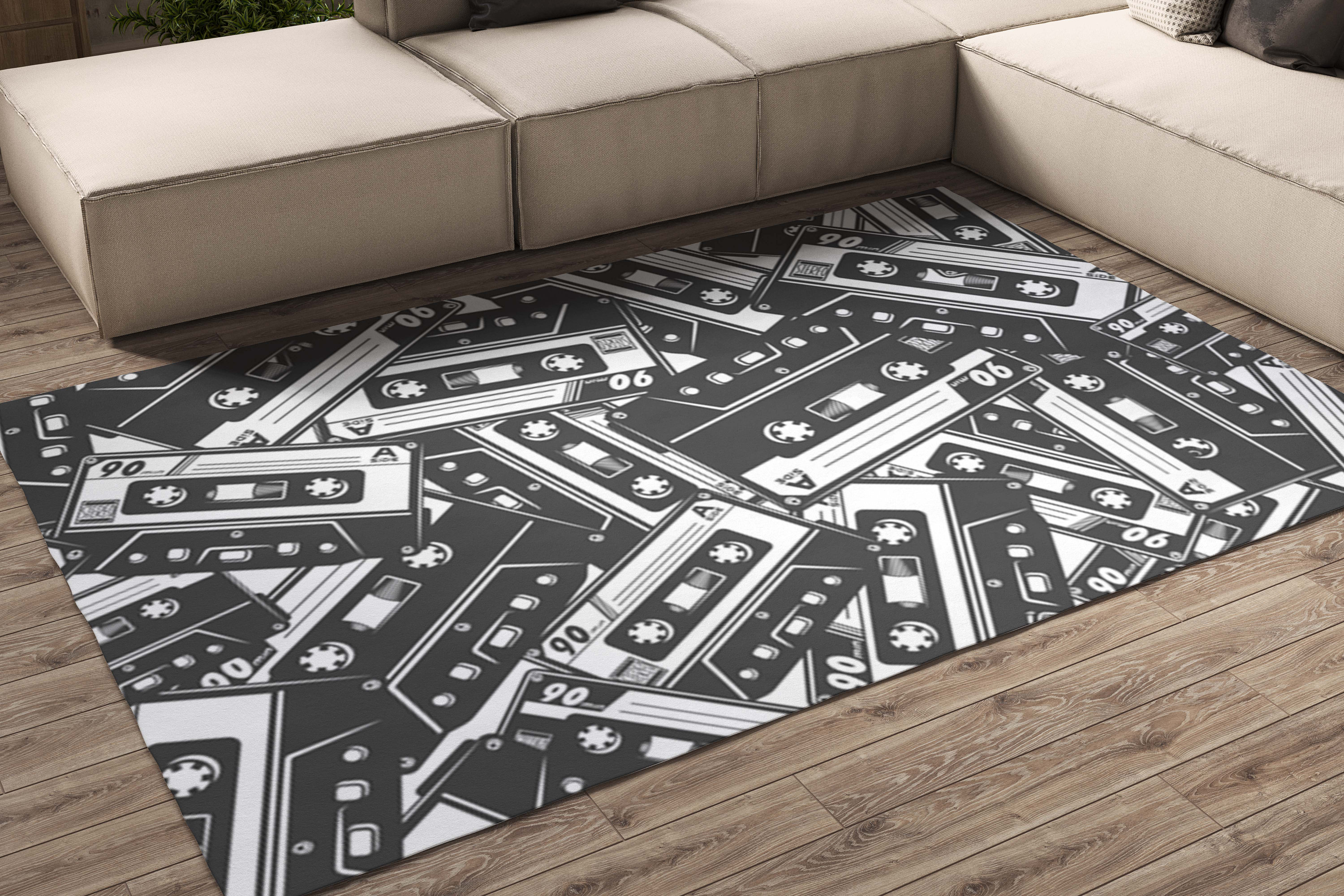 Retro cassette tape rug in Rug'n'Roll Studio, perfect for themed events and brainstorming.