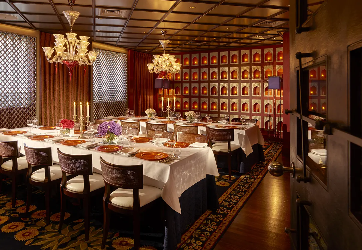 Elegant private dining room at Manjal for upscale events and intimate gatherings.