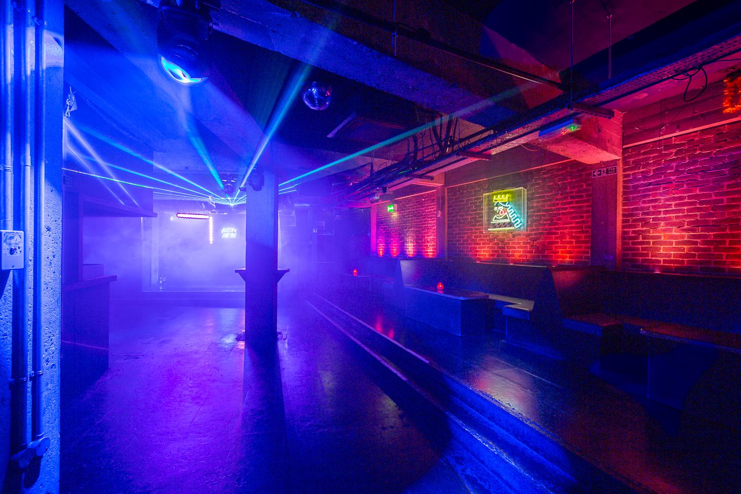 Vibrant Hoxton Basement event space with dynamic lighting for parties and networking.