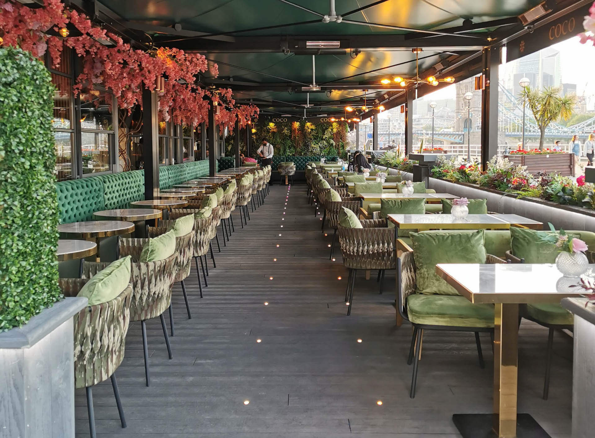 Stylish outdoor dining space at COCO Restaurants, perfect for events and gatherings.