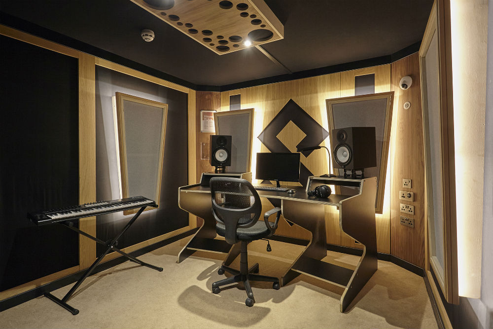Modern recording studio with acoustic panels for high-quality audio production events.