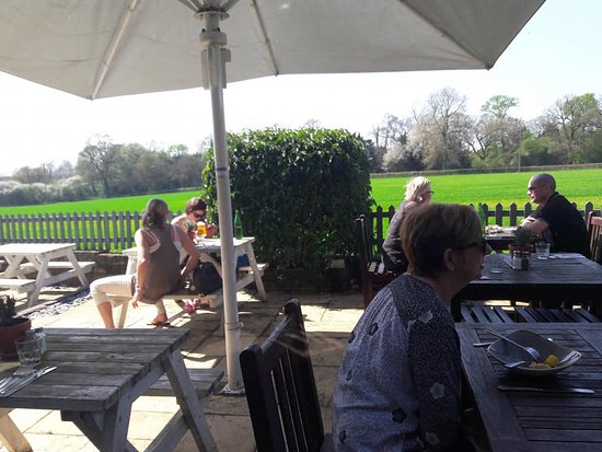 Outdoor dining area with umbrella for casual meetings and networking events.
