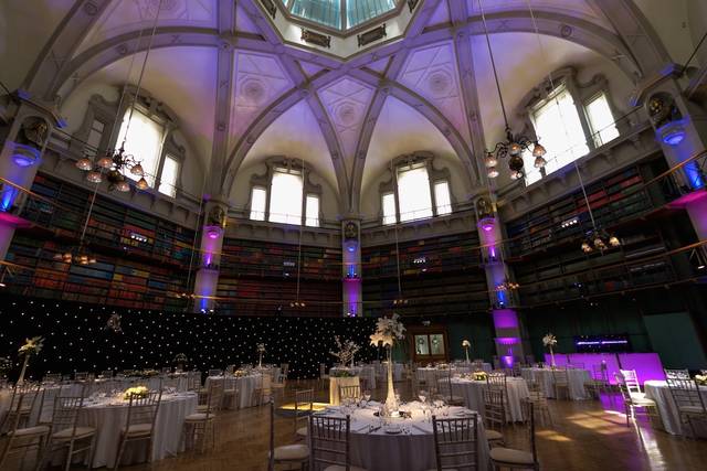 Elegant event space with high ceilings for weddings and corporate gatherings.