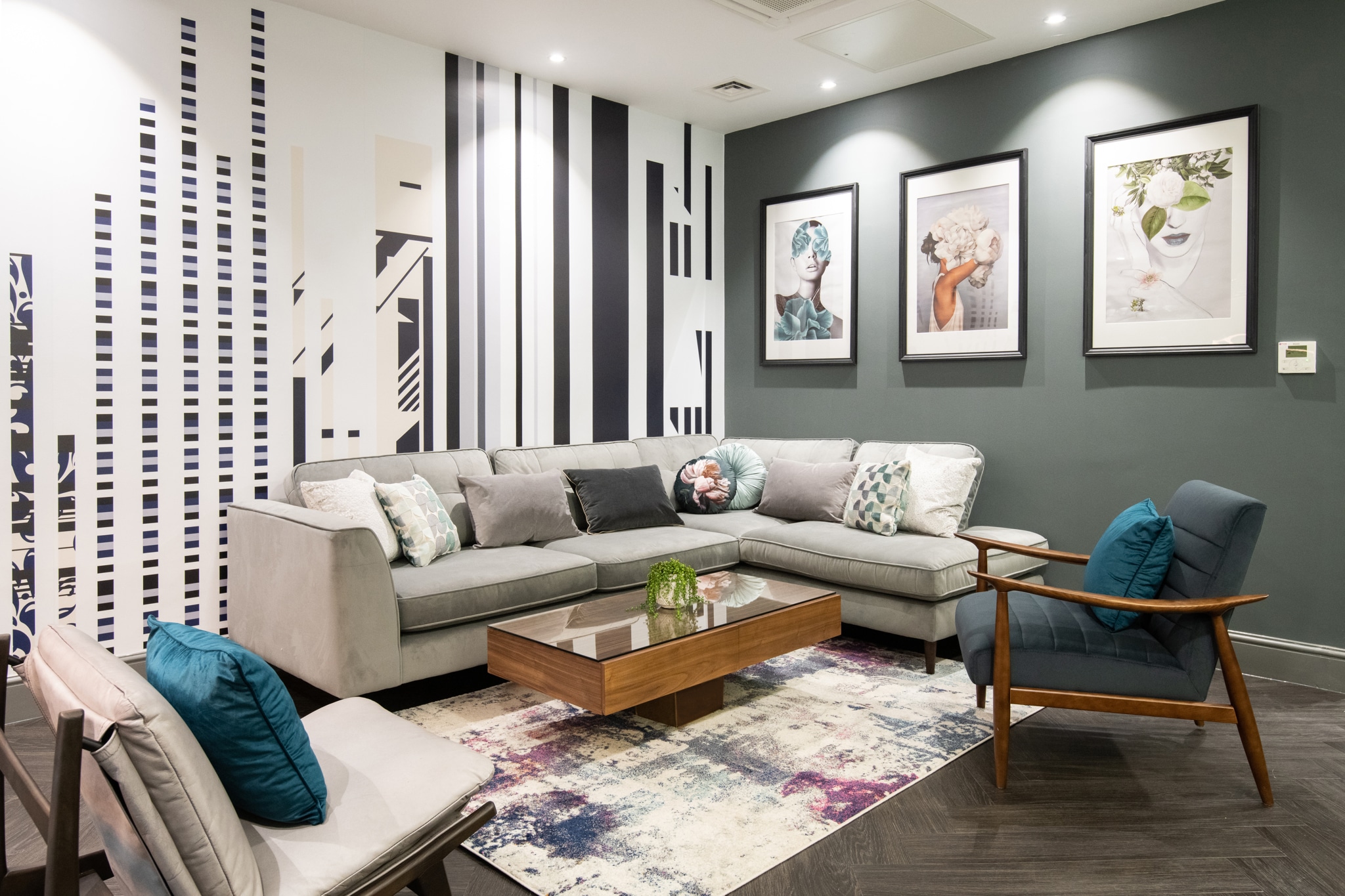 Stylish lounge at 46 Park Place, Leeds for networking and informal meetings.