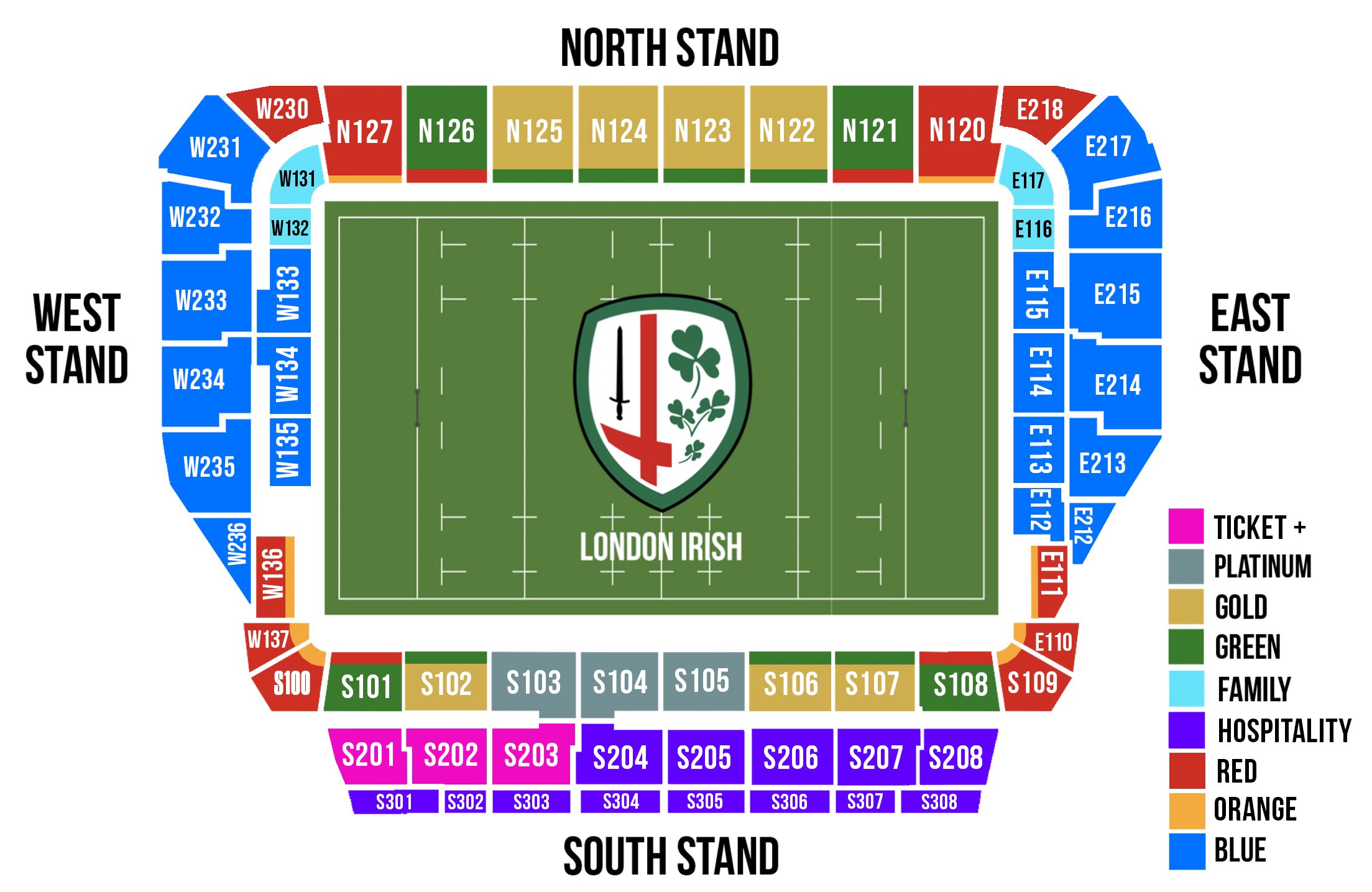 Gtech Community Stadium seating chart for London Irish events, featuring premium options.