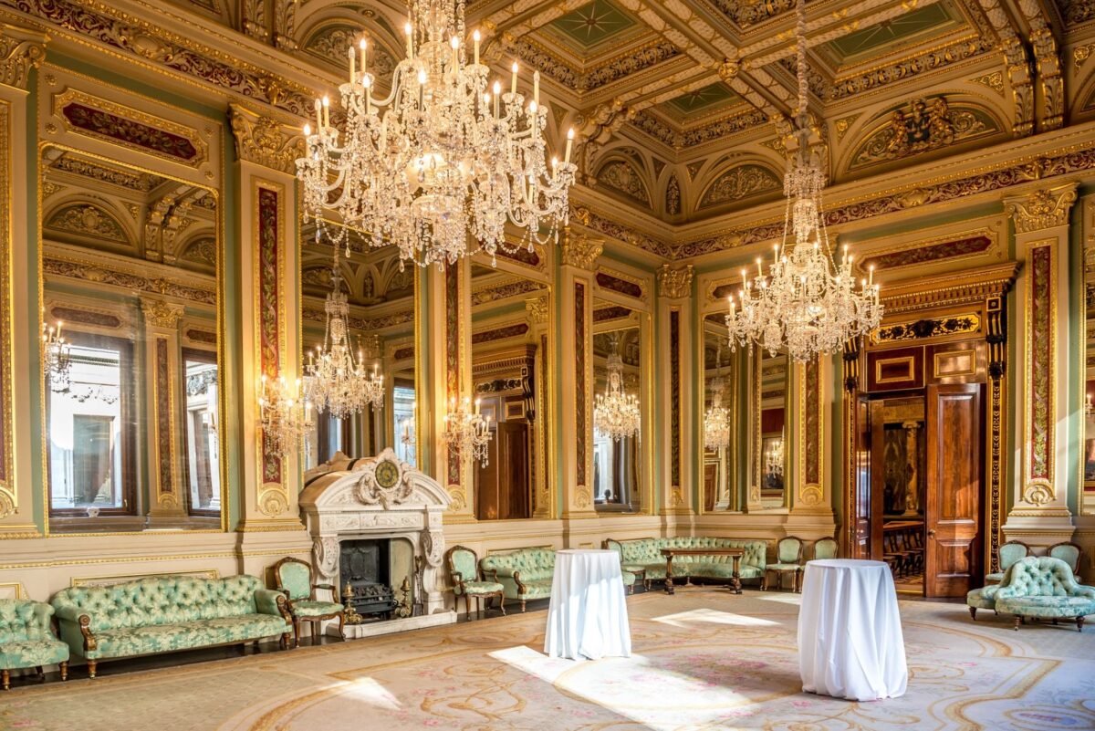 Elegant Draper Hall event space with chandeliers, perfect for upscale receptions and gatherings.