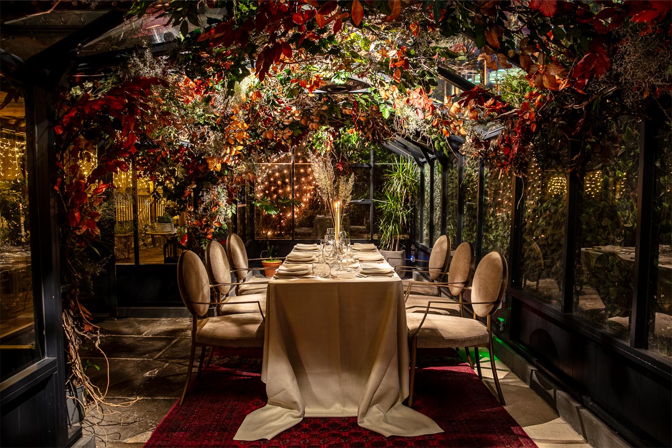 Elegant private dining space with floral decor for weddings and corporate events.