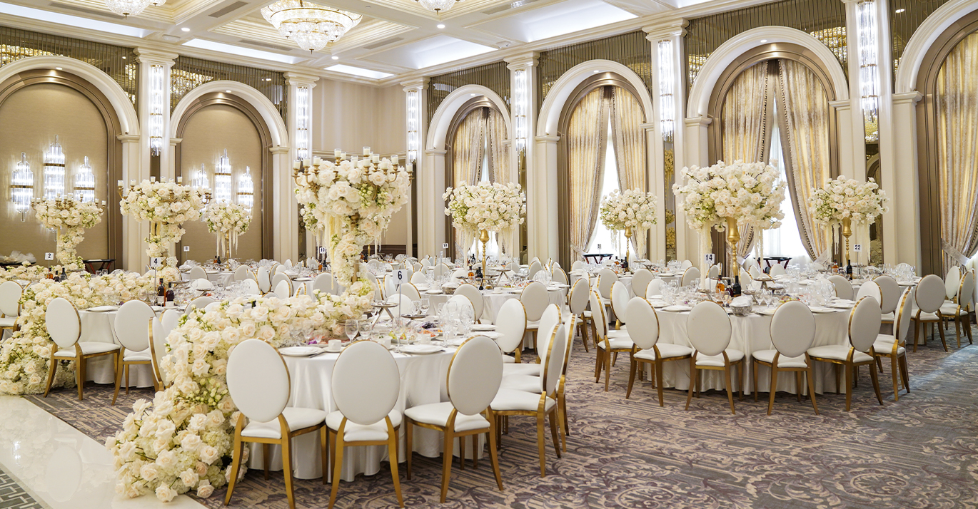 Elegant banquet setup in Grand Venue foyer, perfect for weddings and corporate events.