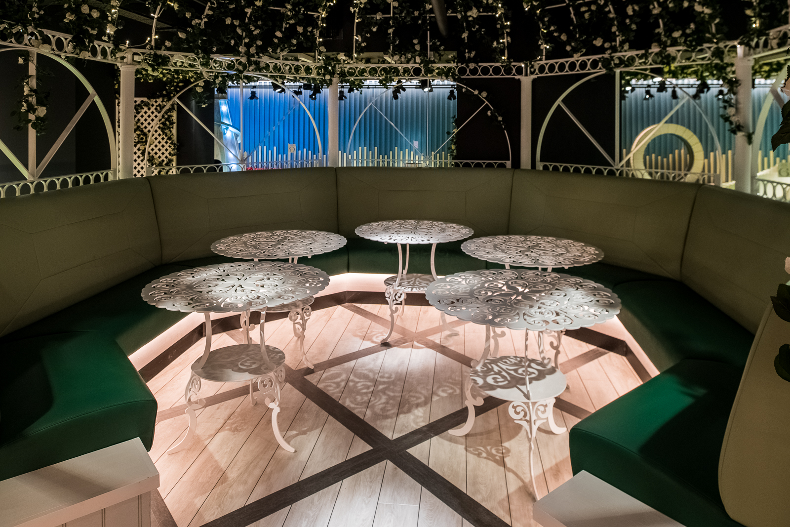 Pergola event seating, garden cocktail reception