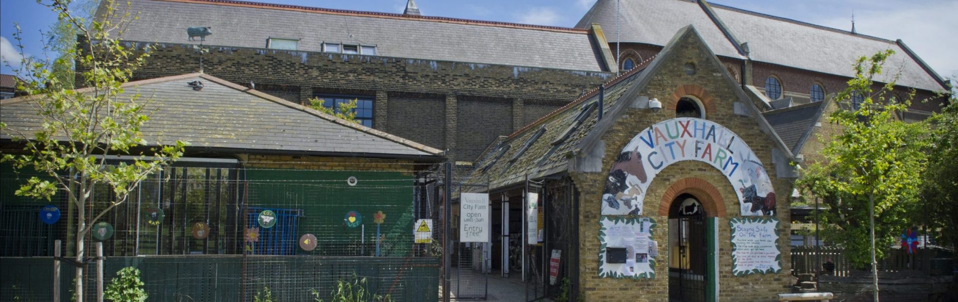 Vauxhall City Farm entrance, rustic charm venue for team-building and family events.