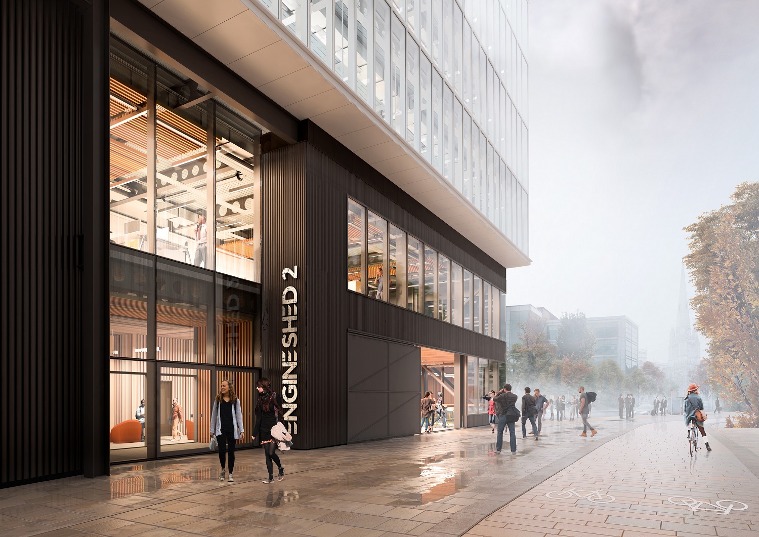 Modern event venue Engine Shed 2 with large glass windows for conferences and networking.