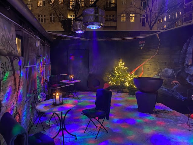 Vibrant outdoor event space with festive lighting, ideal for parties and gatherings.