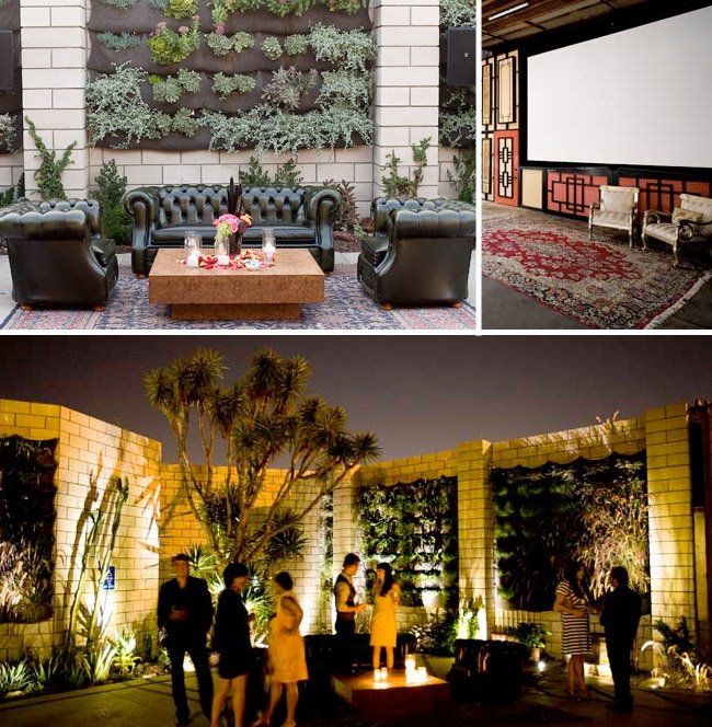 Stylish outdoor event space with cozy seating at SmogShoppe Green Room.
