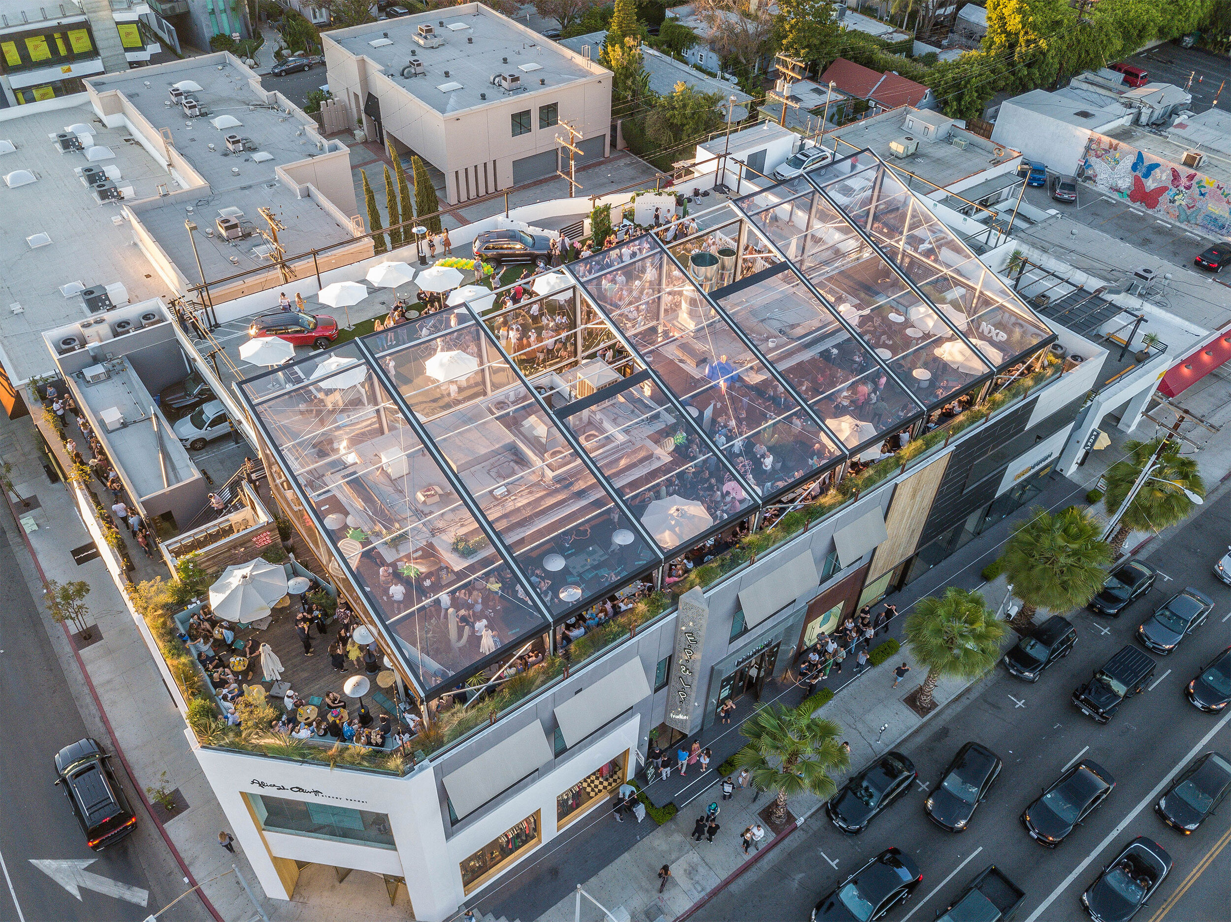 Vibrant rooftop venue with canopy, ideal for corporate events and private celebrations.