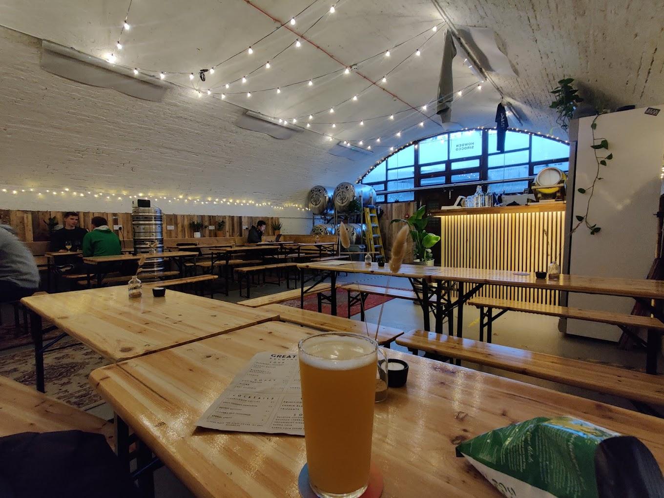 Beer Garden at Great Beyond Brewing: inviting space with string lights for events and gatherings.