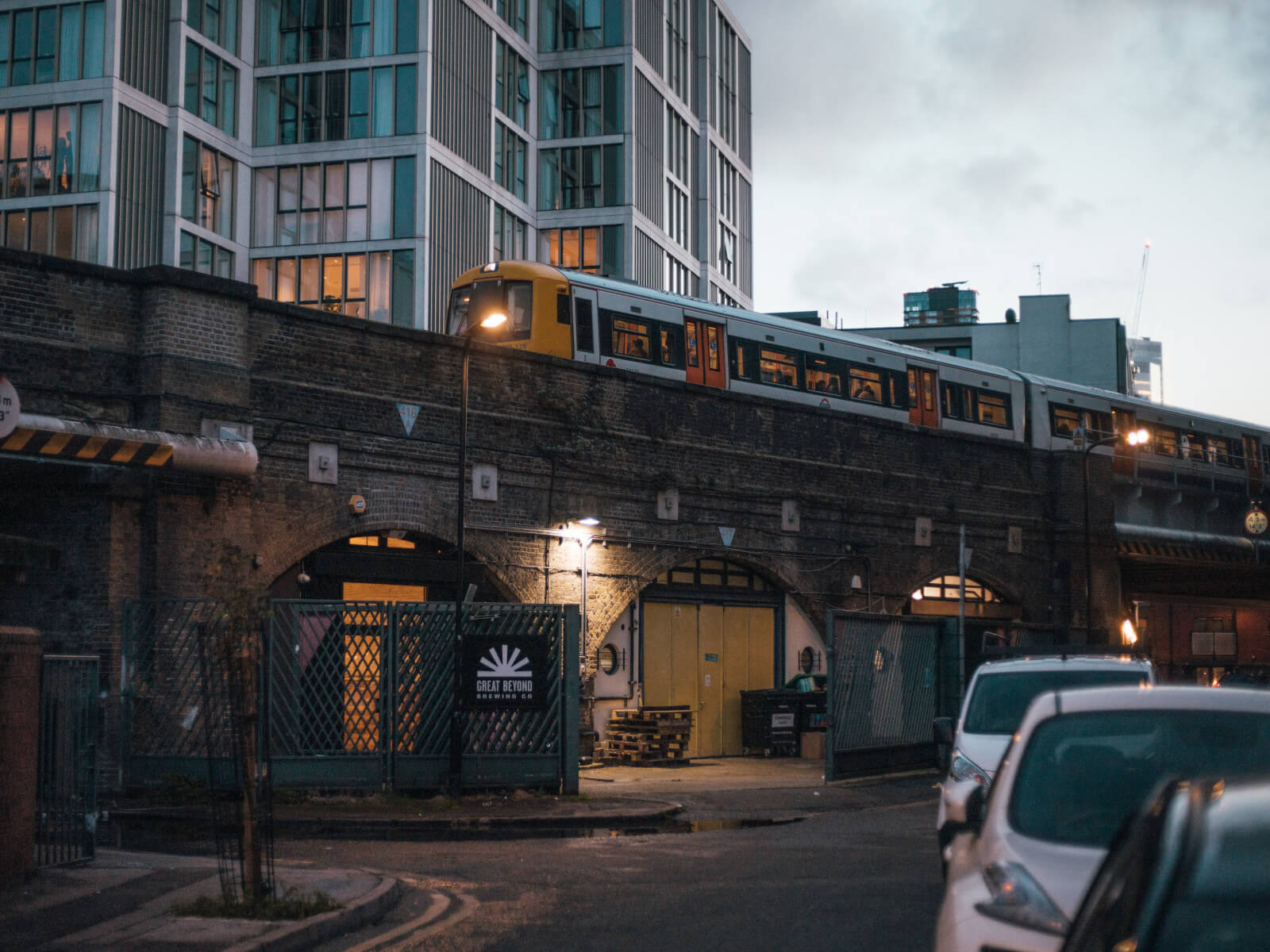 Beer Garden at Great Beyond Brewing: urban venue with modern architecture for events.