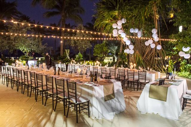 Elegant outdoor dining area at J and D Events hall for weddings and corporate gatherings.