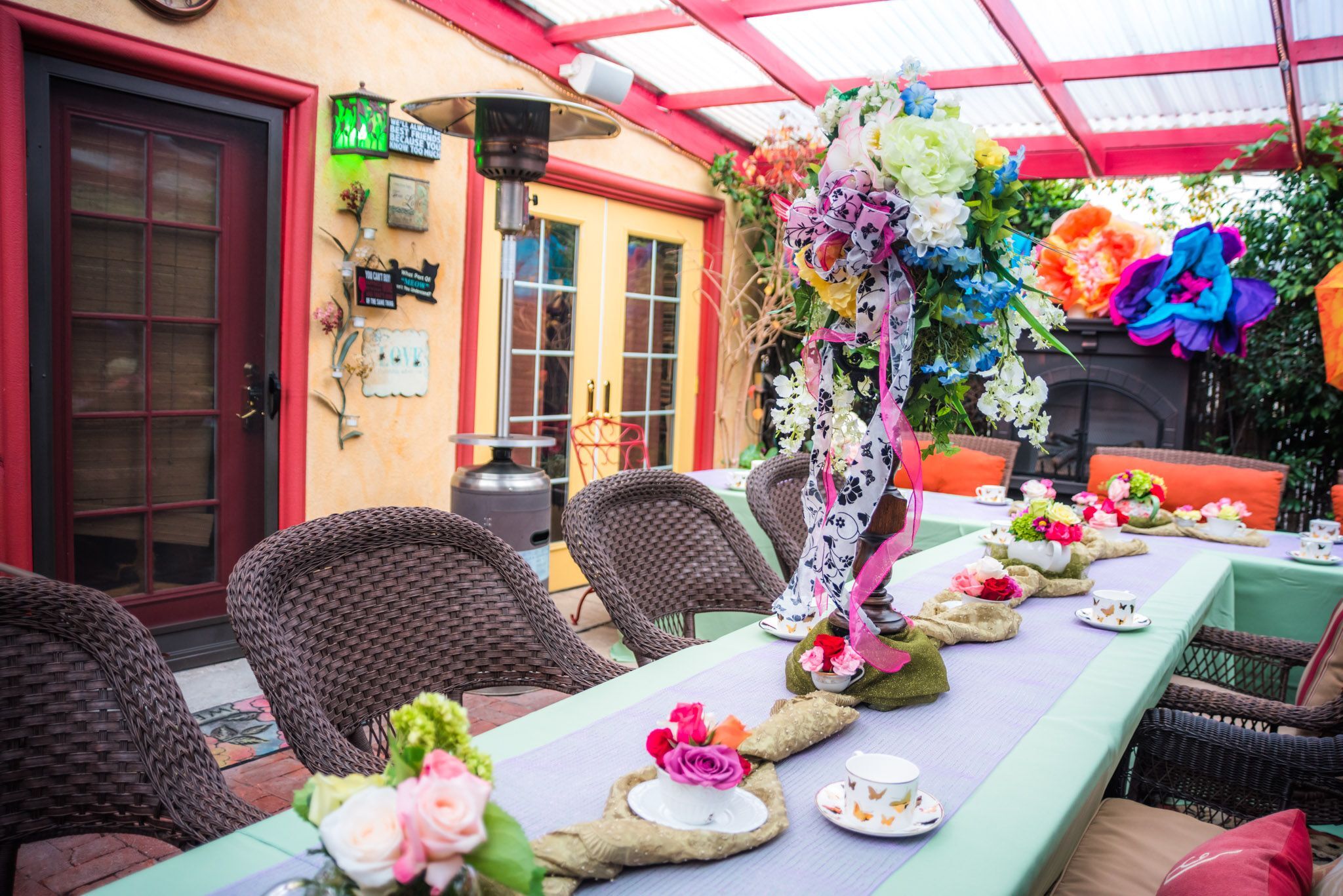 Bar/lounge area in Bexx Secret Garden with floral centerpieces for intimate gatherings.