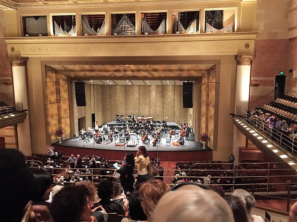 Ceiling of Royce Hall, ideal concert venue for orchestral performances and events.