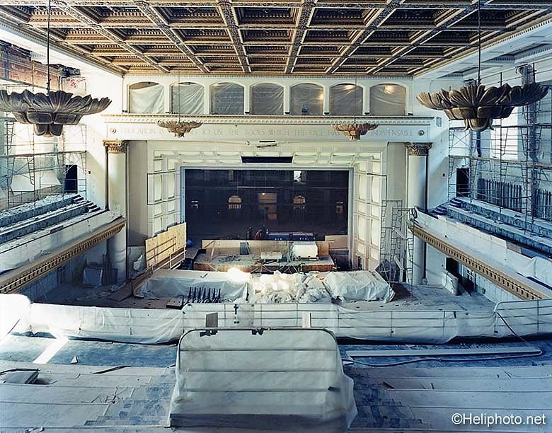 Royce Hall ceiling under renovation, showcasing grand event space potential.
