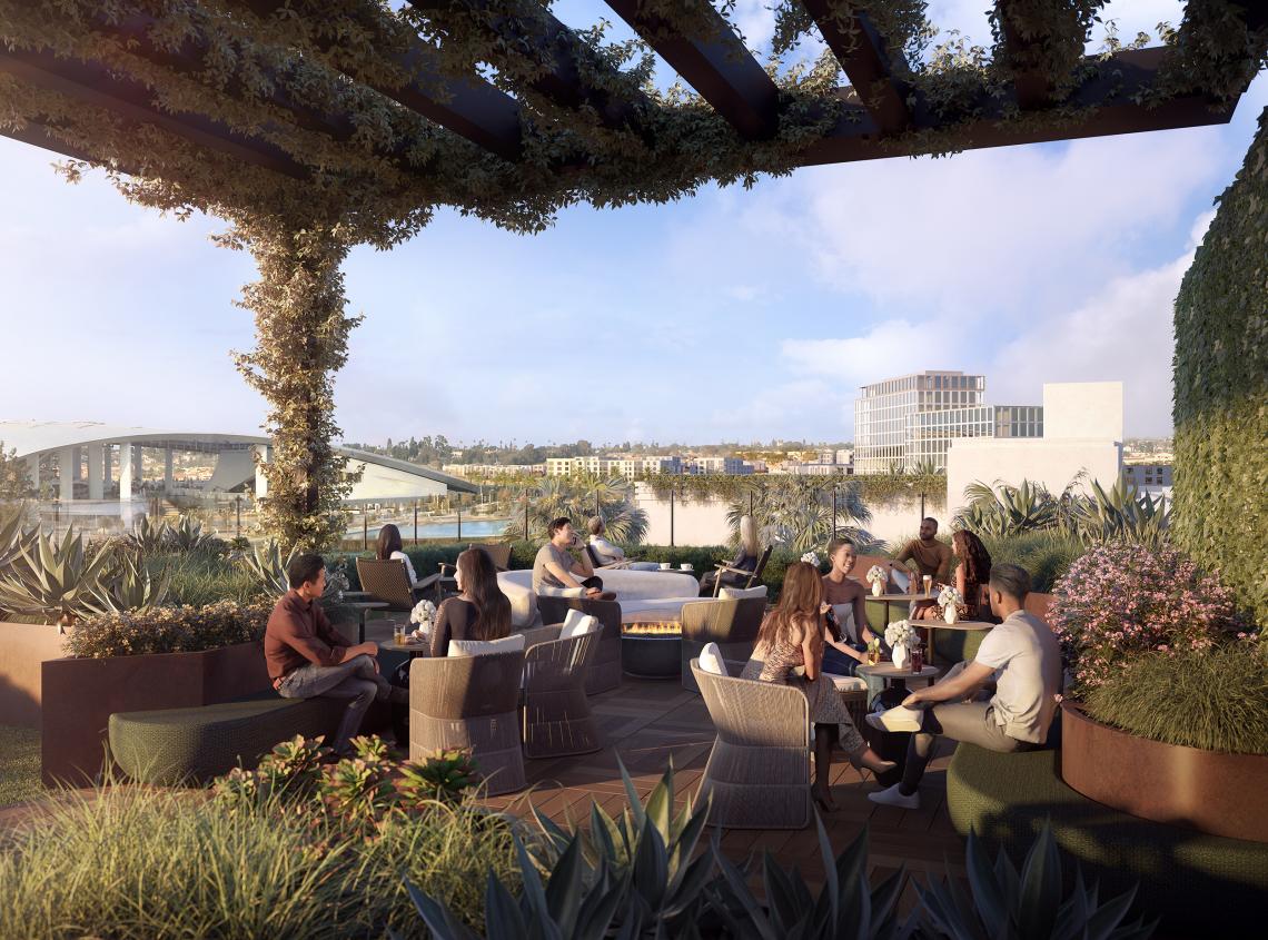 Vibrant outdoor event space at The Crosby, ideal for networking and casual meetings.