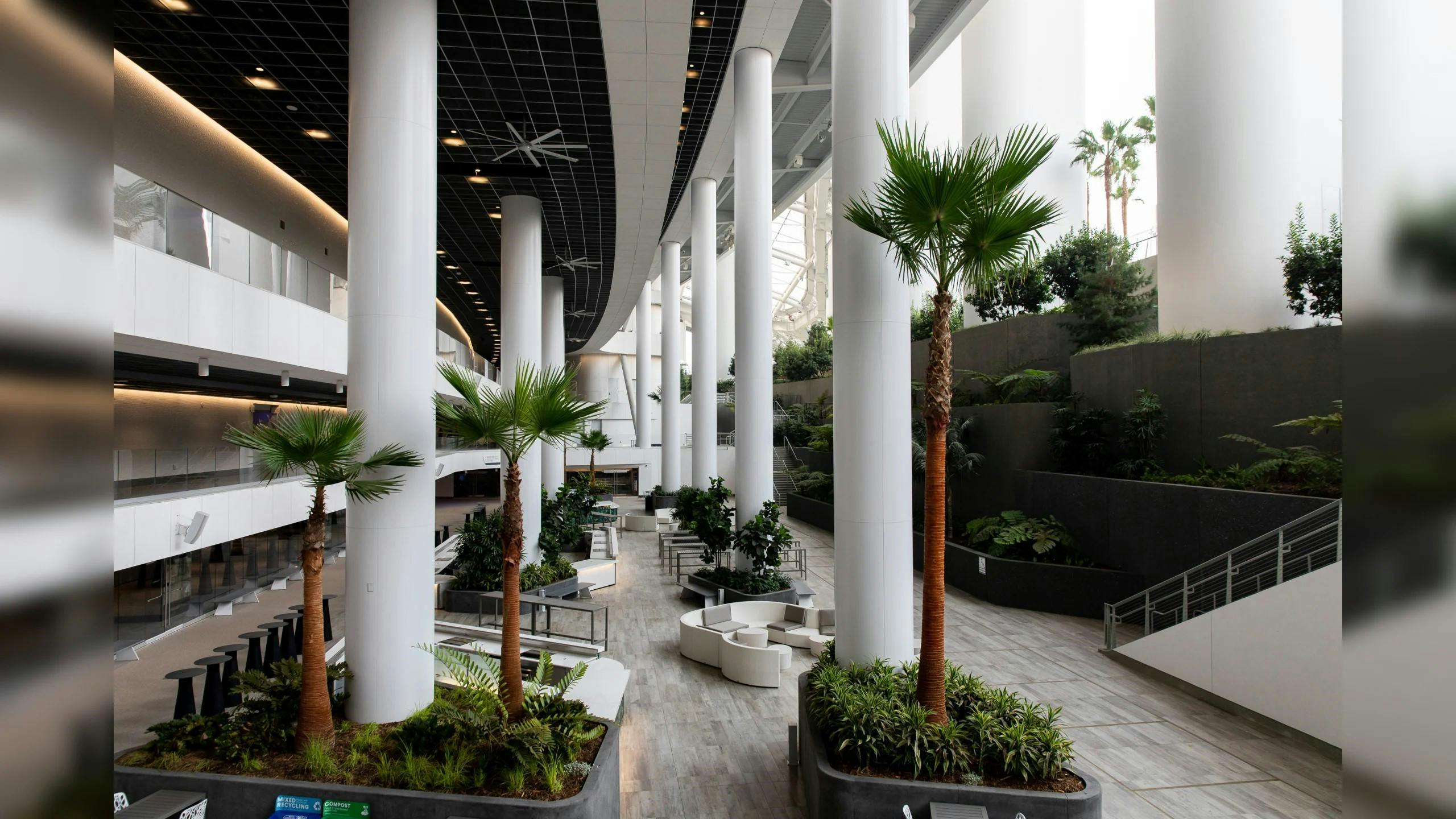 Spacious Patio Club at SoFi Stadium, ideal for networking events and exhibitions.