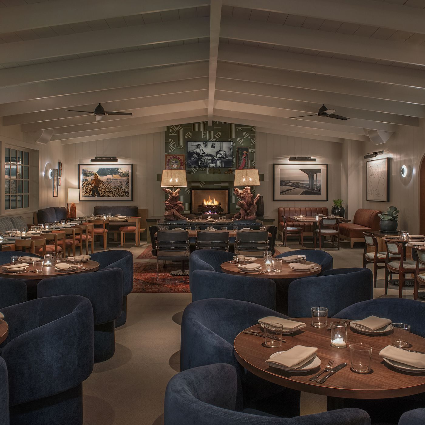 Game Room at The Bungalow Long Beach, cozy fireplace, ideal for upscale events and gatherings.