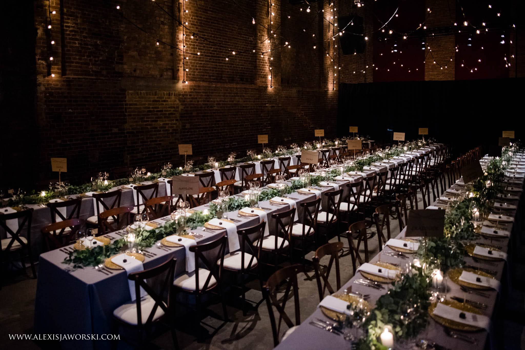 Banquet setup in Village Underground with elegant tables and string lights for weddings or events.