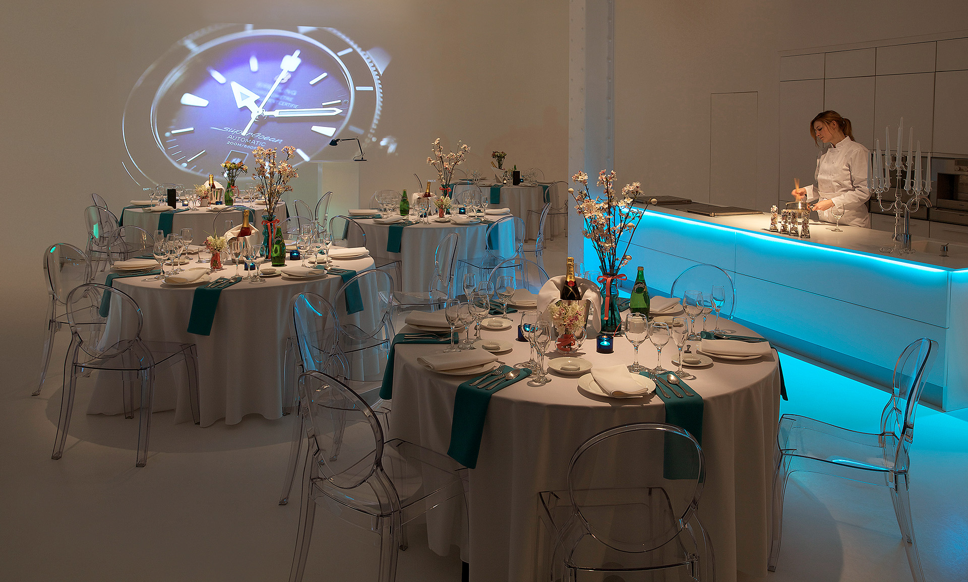 Private dining setup with modern decor for upscale corporate events at Icetank.
