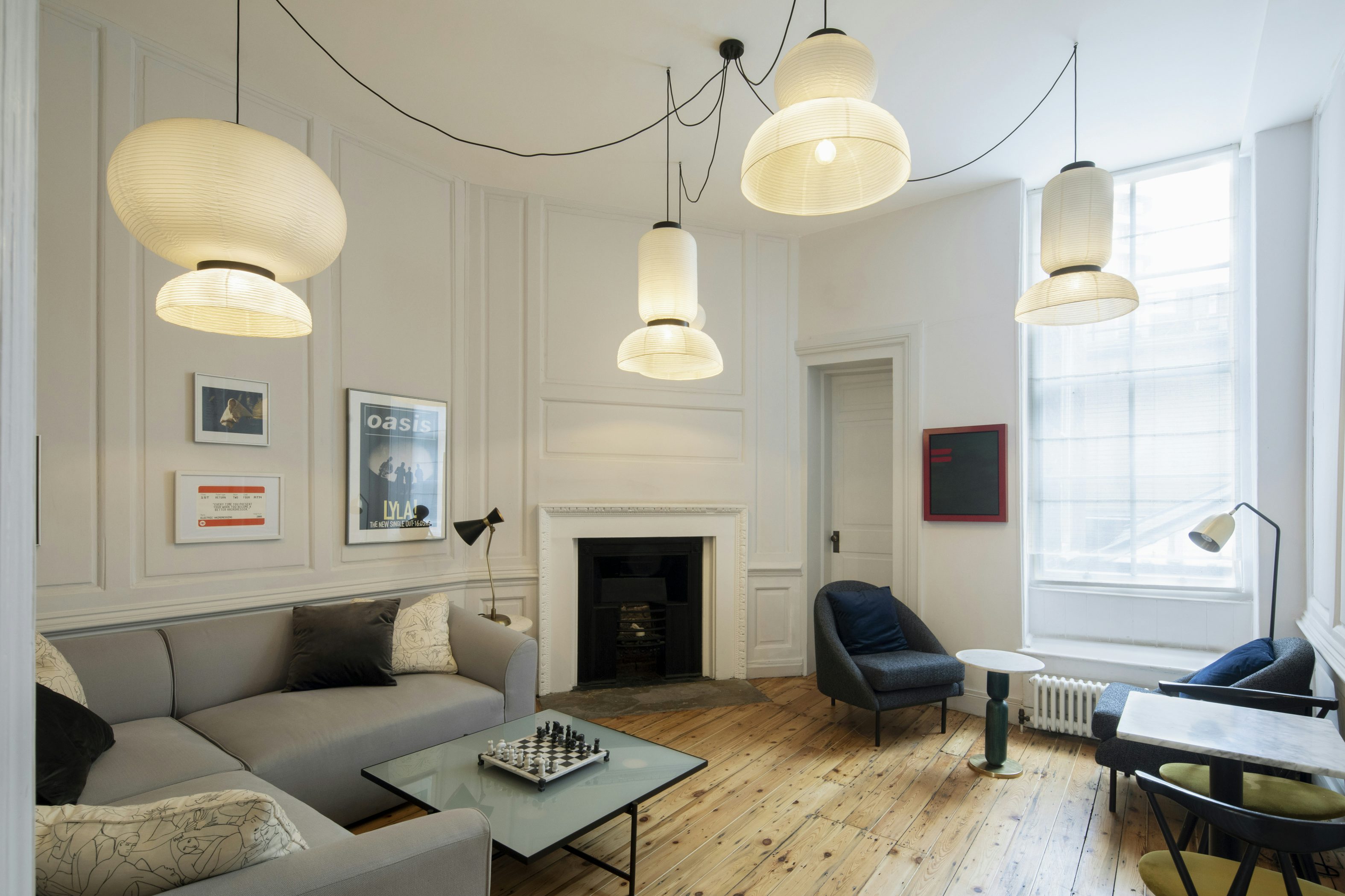 Stylish Rathbone Lounge with modern lighting for intimate meetings and workshops.